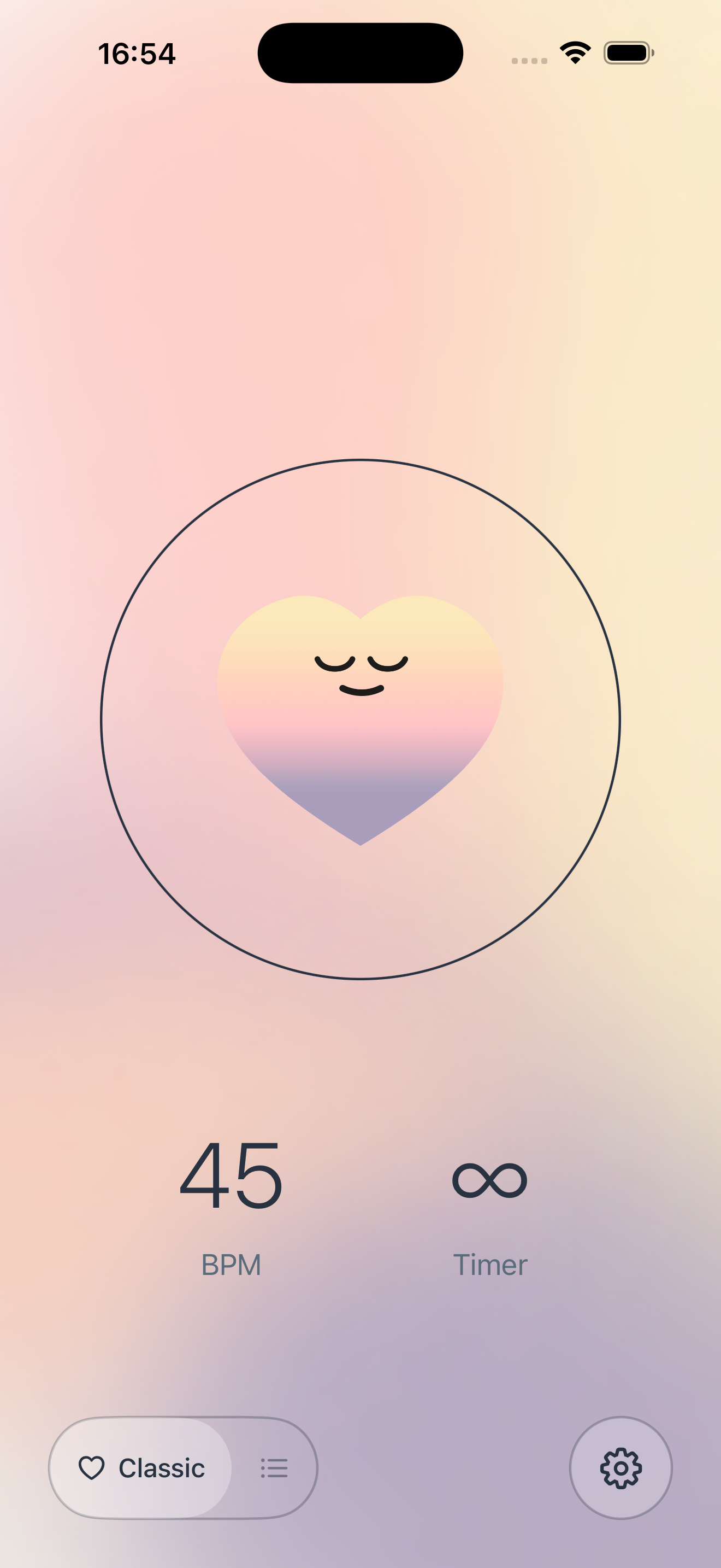 VagusCalm app interface in light mode showing heartbeat at 45 BPM