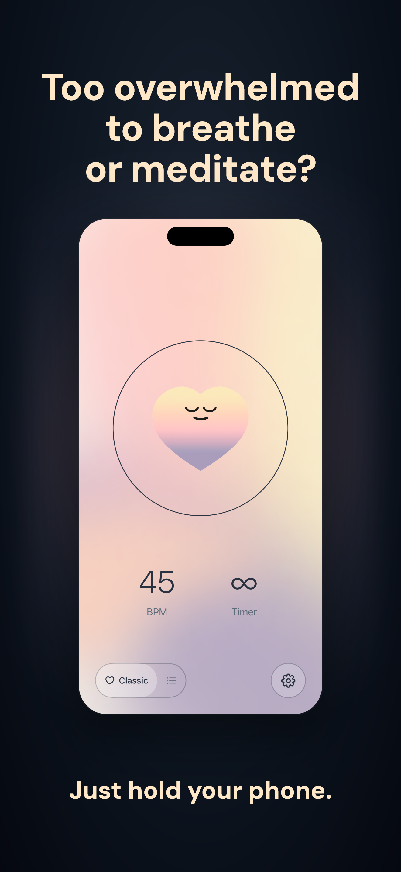 VagusCalm App Store screenshot: Too overwhelmed to breathe or meditate? Just hold your phone.