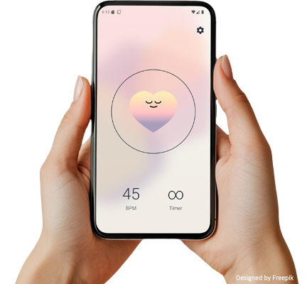 VagusCalm app showing a calming heartbeat pulse at 45 BPM on a phone held in hand