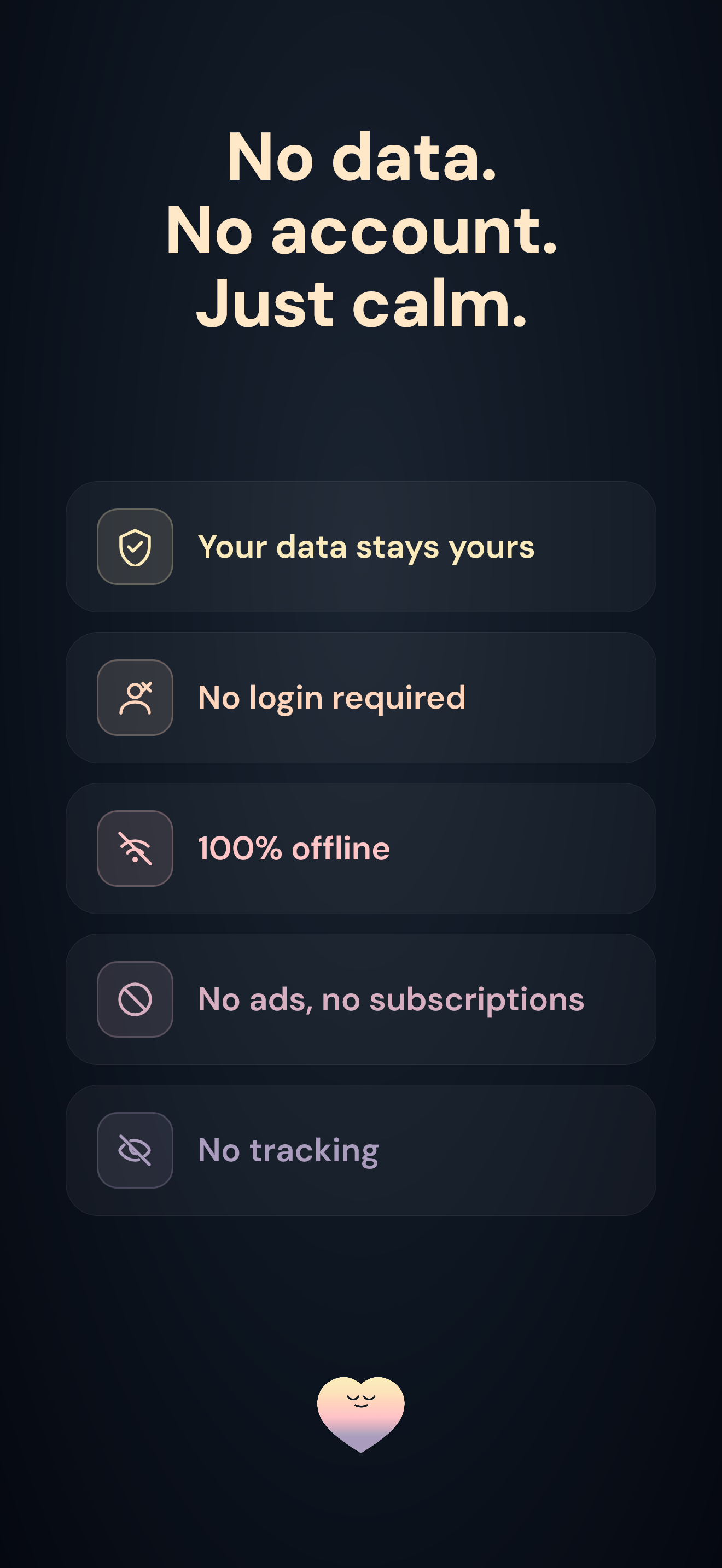 VagusCalm privacy features: works offline, no account, no data collection, no subscription